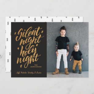 Silent Night Faux Gold Foil Christmas Photo Black Holiday Card