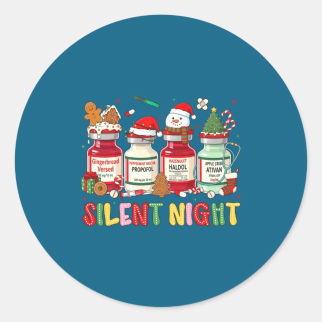 Silent Night Funny Nurse Christmas Design Long Sle Classic Round Sticker (Front)