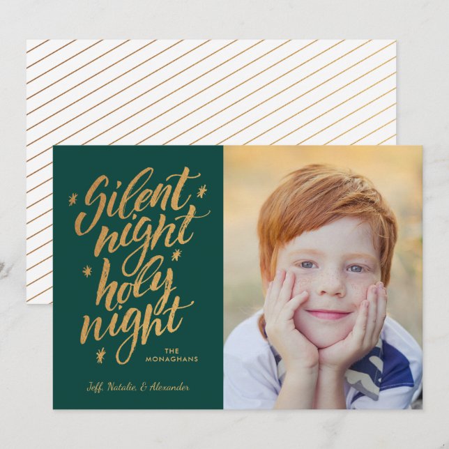 Silent Night Gold Foil Christmas Photo Green Holiday Card (Front/Back)