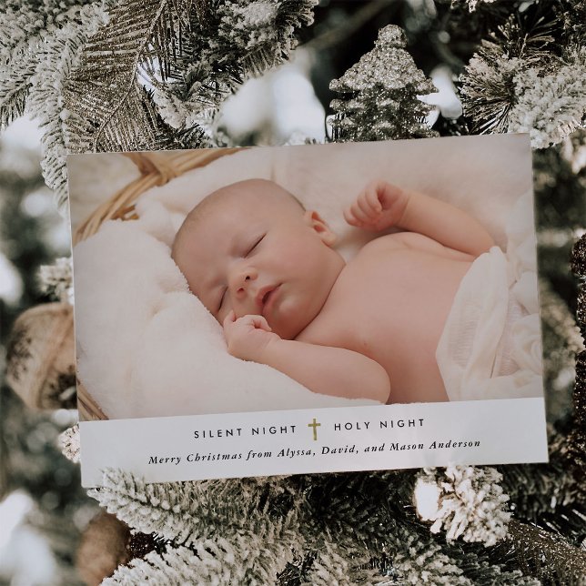 Silent Night, Holy Night | Gold Cross and Photo Holiday Card (Creator Uploaded)