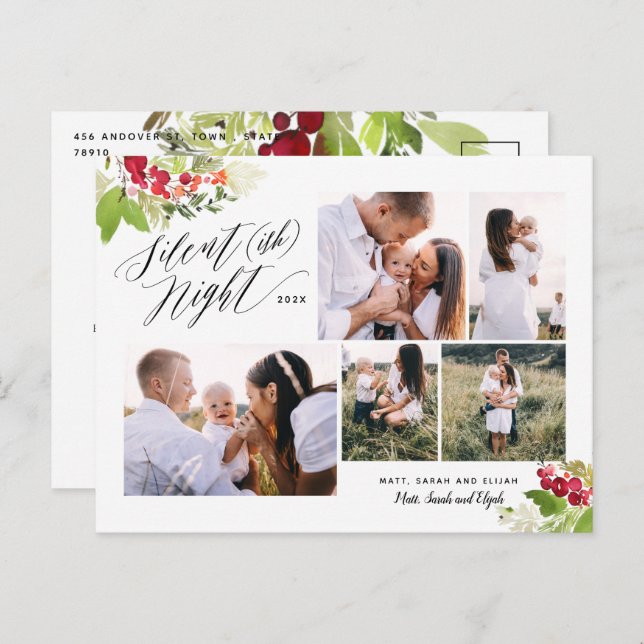 Silent night multi photo red green foliage funny holiday postcard (Front/Back)