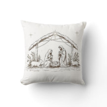 "Silent Night Nativity – Sepia Sketch Throw Pillow