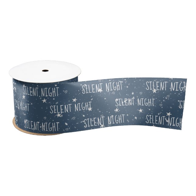 SILENT NIGHT On White Stars Satin Ribbon (Spool)
