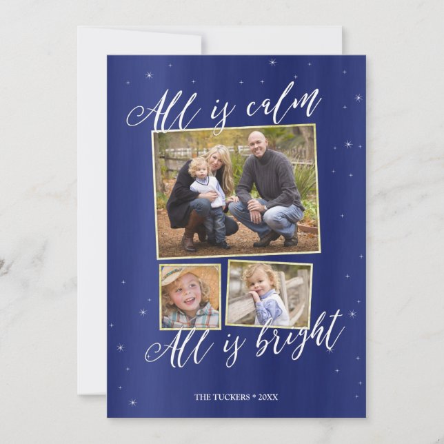 Silent Night Photo Christmas Card, Navy Blue Gold Holiday Card (Front)
