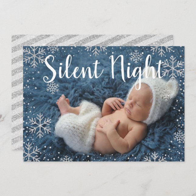 Silent Night Silver Snowflakes Holiday Baby Birth Invitation (Front/Back)
