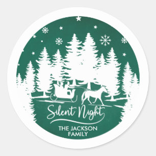 Silent night sleight snowflakes pines silhouettes classic round sticker