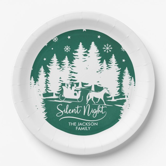Silent night sleight snowflakes pines silhouettes paper plate (Front)