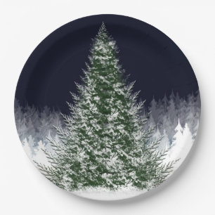 Silent Night Snow Covered Christmas Tree Holiday Paper Plate
