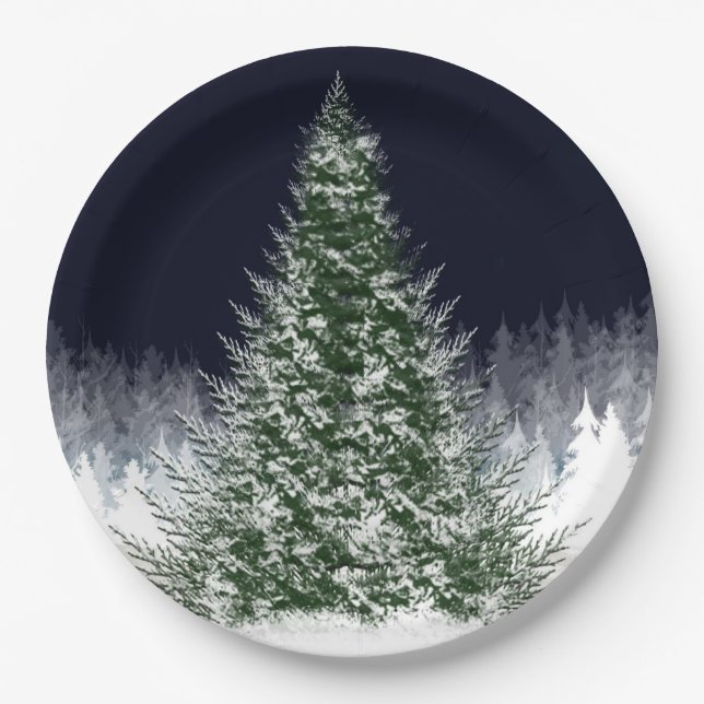 Silent Night Snow Covered Christmas Tree Holiday Paper Plate (Front)