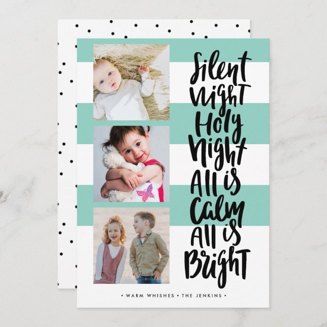 Silent Night three photo holidays Christmas | Mint Invitation (Front/Back)