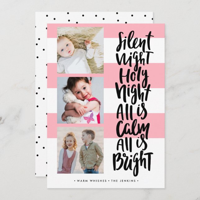 Silent Night three photo holidays Christmas | Pink Invitation (Front/Back)