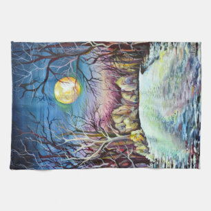 Silent Night Winter Full Moon in Sweden Tea Towel