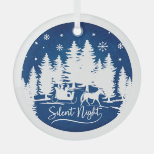 Silent night with sleight snowflakes pines blue glass tree decoration