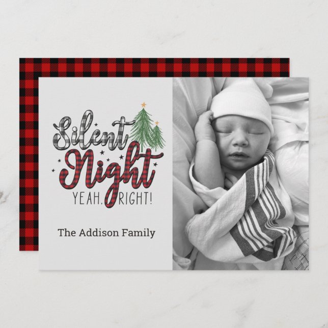 Silent Night Yeah Right Plaid Christmas Card (Front/Back)