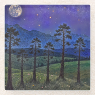 Silent Pines, Cosmic Dance – A Forest Landscape Glass Coaster