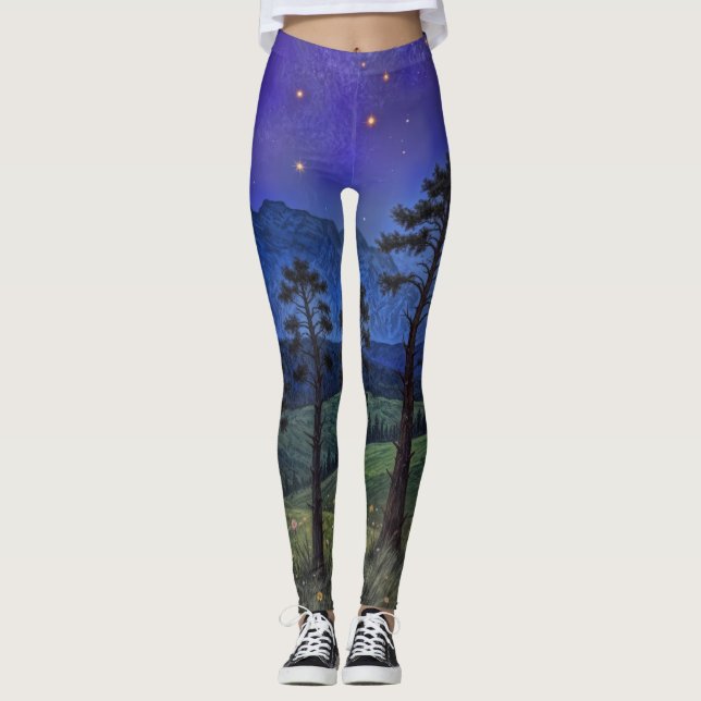 Silent Pines, Cosmic Dance – A Forest Landscape Leggings (Front)