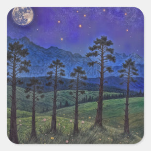 Silent Pines, Cosmic Dance – A Forest Landscape Square Sticker