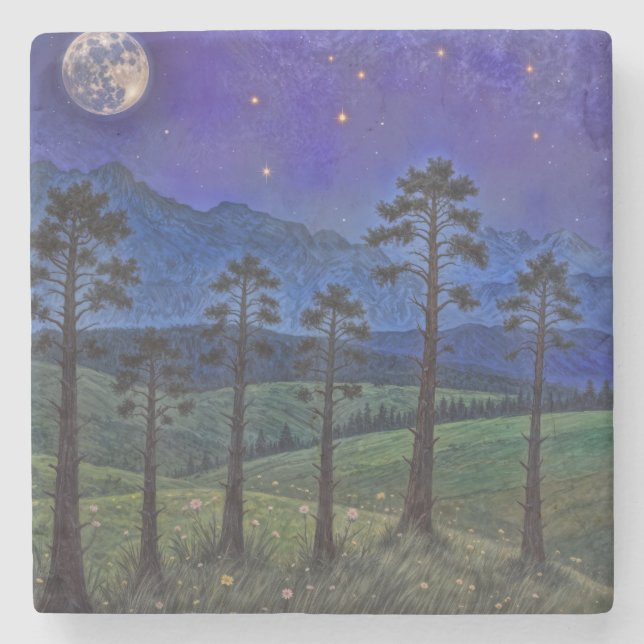 Silent Pines, Cosmic Dance – A Forest Landscape Stone Coaster (Front)