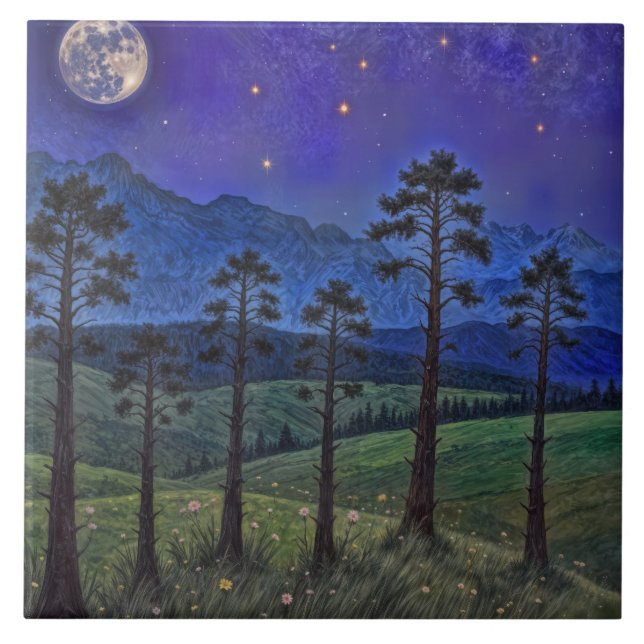 Silent Pines, Cosmic Dance – A Forest Landscape Tile (Front)