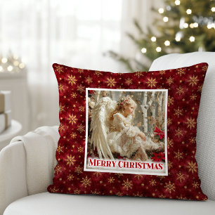 Silent Red and Gold Victorian Angel Christmas Cushion