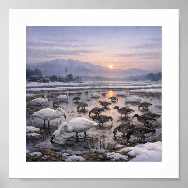 Silent Waters – Swans and Geese in a Winter Field Poster (Front)
