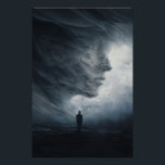 Silhouette Before Colossal Mist Face Poster<br><div class="desc">A lone suited figure stands at the threshold of an enormous, vaporous void shaped like a gigantic human profile in profile. Thick, slow-moving mist in silver-gray and pale blue coils upward to suggest forehead, closed eye, nose, and lips on an impossible scale, while cold diffused light makes every curling tendril...</div>