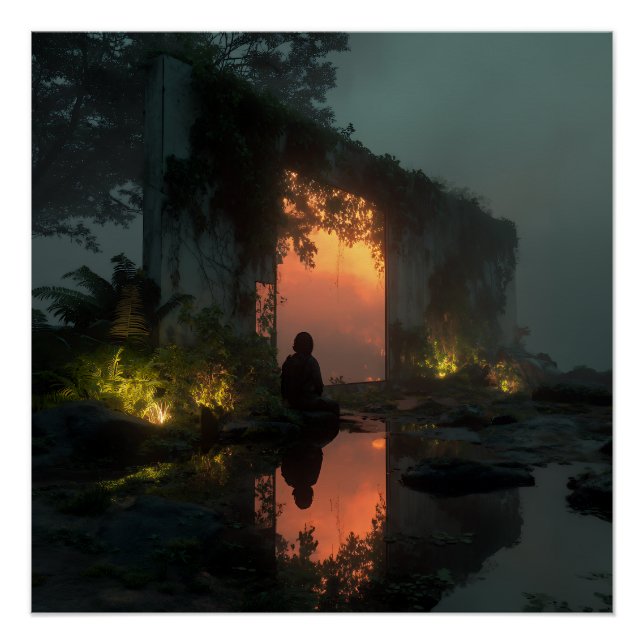 Silhouette Before Fiery Ruin Sunset Poster (Front)