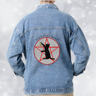 Silhouette Black Cat in Red Pentagram Gold Star Denim Jacket