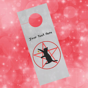 Silhouette Black Cat Red Pentagram Gold Star Grey Door Hanger