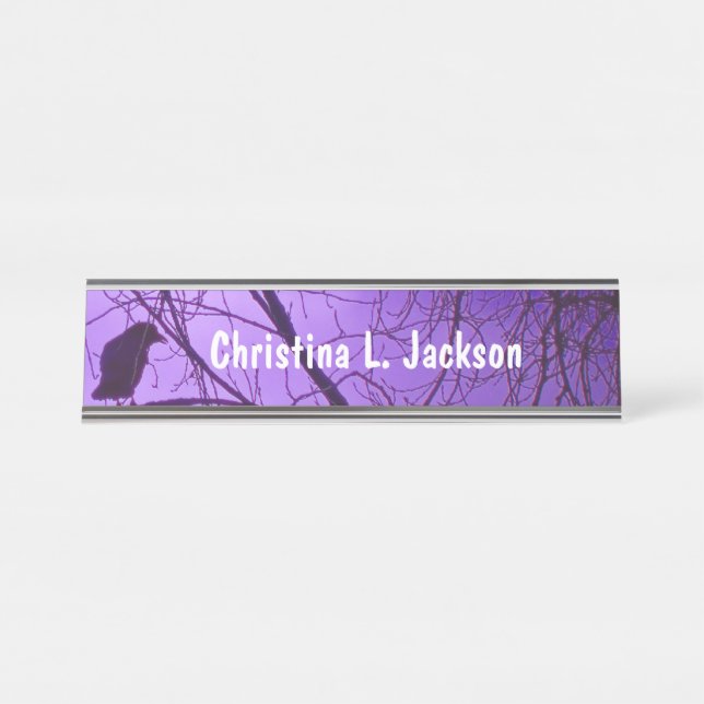 Silhouette Black Crow in Tree Branches Purple Sky Desk Name Plate (Front)