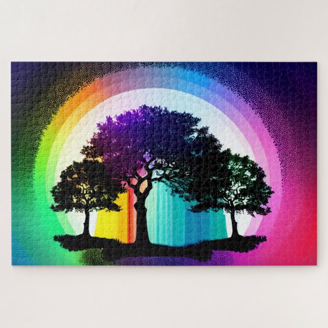 Silhouette Black Trees Encircled by Rainbow Hues Jigsaw Puzzle (Horizontal)