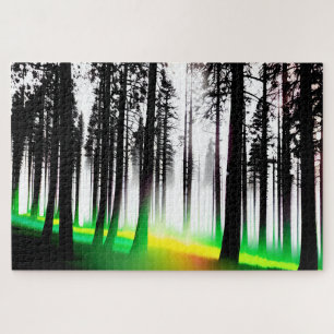 Silhouette Black Trees with Green and Yellow Glow Jigsaw Puzzle