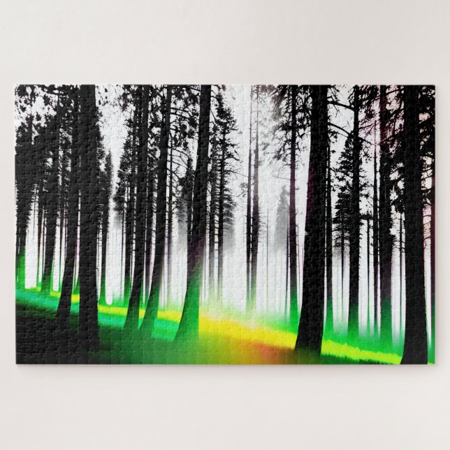 Silhouette Black Trees with Green and Yellow Glow Jigsaw Puzzle (Horizontal)