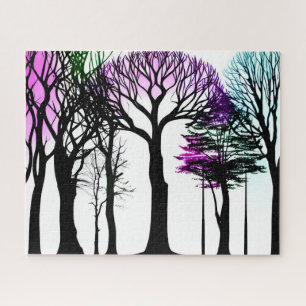 Silhouette Black Trees with Purple Green and Blue Jigsaw Puzzle