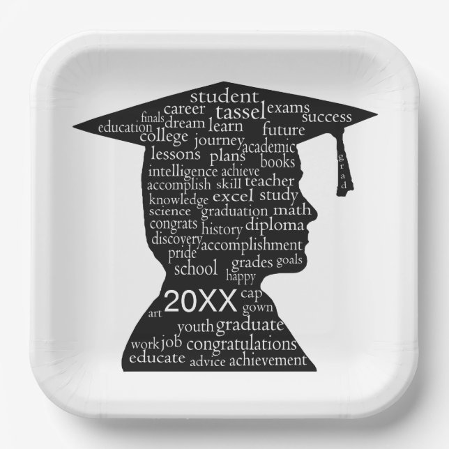 Silhouette Boy Graduate on White  Paper Plate (Front)