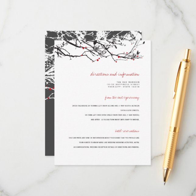 Silhouette Branches With Berries Wedding Details Enclosure Card (Front/Back In Situ)