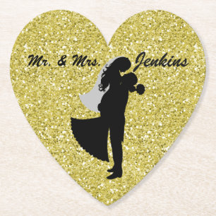 Silhouette Bride & Groom Gold Faux Glitter Paper Coaster