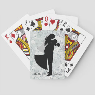 Silhouette Bride & Groom Silver Bokeh Bling Playing Cards