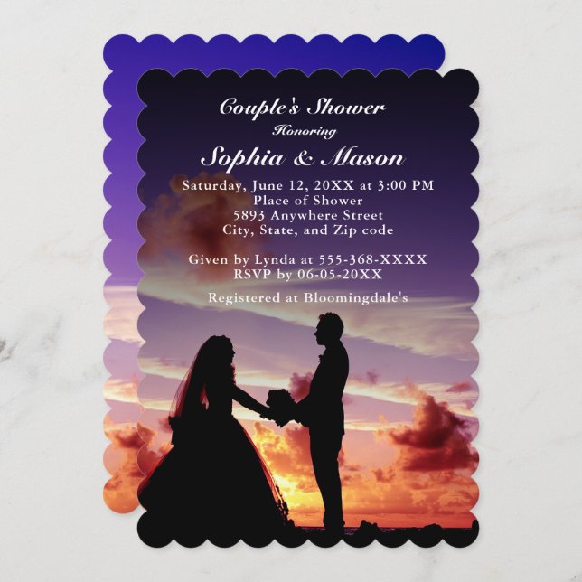Silhouette Bride & Groom Sunset Couples Shower Invitation (Front/Back)