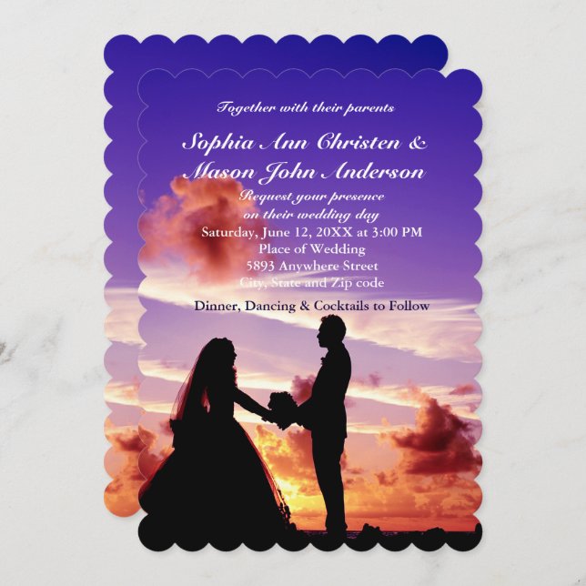 Silhouette Bride & Groom Sunset Wedding Invitation (Front/Back)