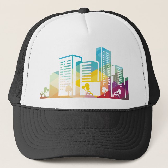 silhouette cityscape building icon colour city trucker hat (Front)