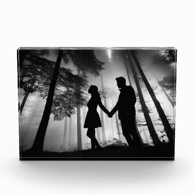 Silhouette Couple Beach Sunset Love Black & White Photo Block (Front)