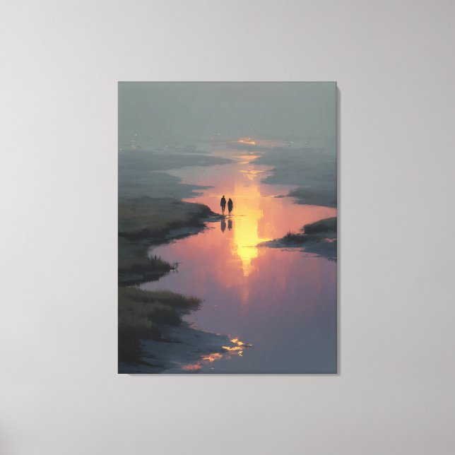 Silhouette Couple Sunset Stream Reflection Canvas Print (Front)