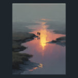 Silhouette Couple Sunset Stream Reflection Photo Print<br><div class="desc">Two silhouetted figures hold hands as they walk along a shallow stream bathed in the last warm light of sunset. The sky burns in peach, rose, and deep orange, perfectly mirrored on the still water below, while soft mist and tall grasses fade into cool gray-blue distance. Delicate rays of golden...</div>