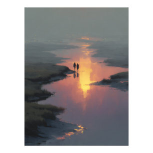 Silhouette Couple Sunset Stream Reflection Photo Print