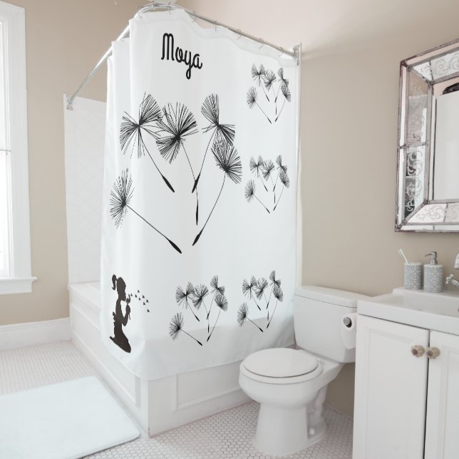 Silhouette Dandelion Blowing White and Black Shower Curtain (In Situ)
