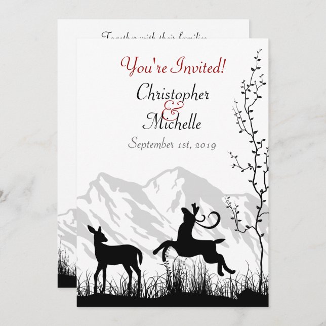 Silhouette Deer and Mountains Black, White Wedding Invitation (Front/Back)