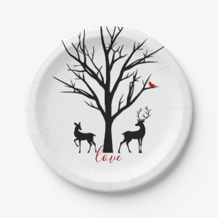 Silhouette Deer Couple in Love Winter Paper Plate