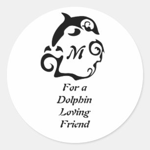 Silhouette Dolphin in a Black Sea Wave Monogram Classic Round Sticker