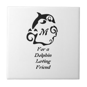 Silhouette Dolphin in a Black Sea Wave Monogram Tile